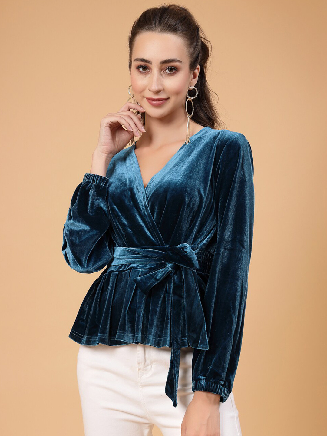 Mafadeny V-Neck Puff Sleeves Velvet Cinched Waist Top