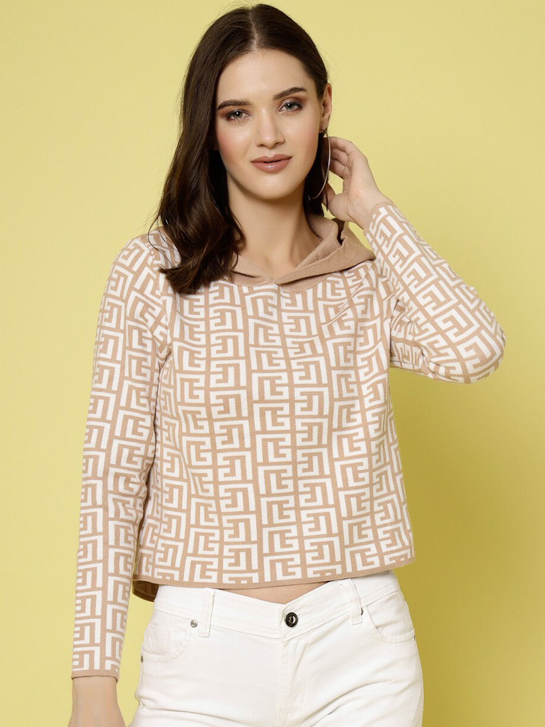 Mafadeny Geometric Self Design Hooded Pullover
