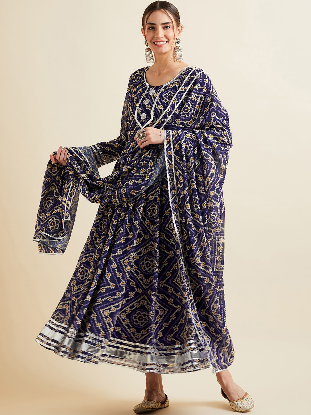 PANIT Bandhani Printed Fit & Flare Midi Ethnic Dress & Dupatta