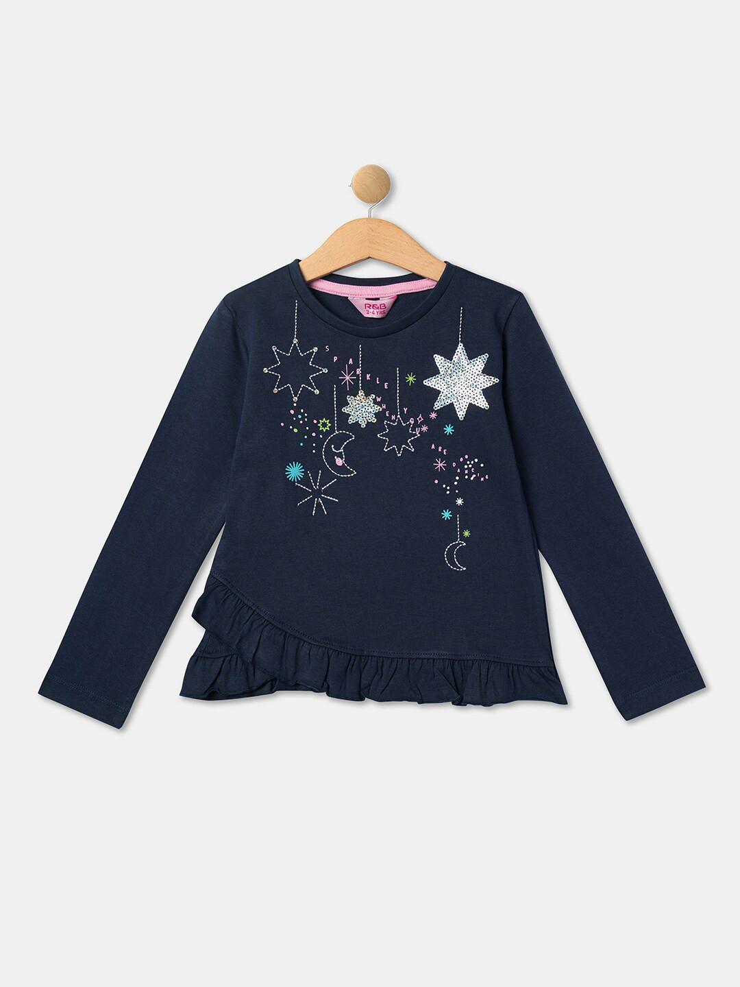 R&B Conversational Printed Long Sleeves Ruffled Sequined Cotton Top