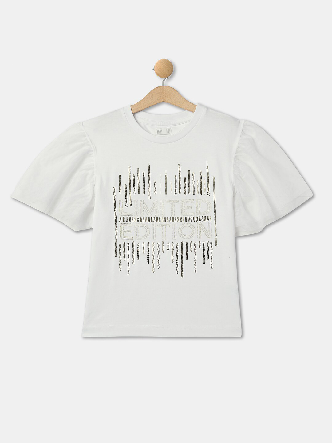 R&B Typography Printed Short Flared Sleeves Sequined Cotton Top