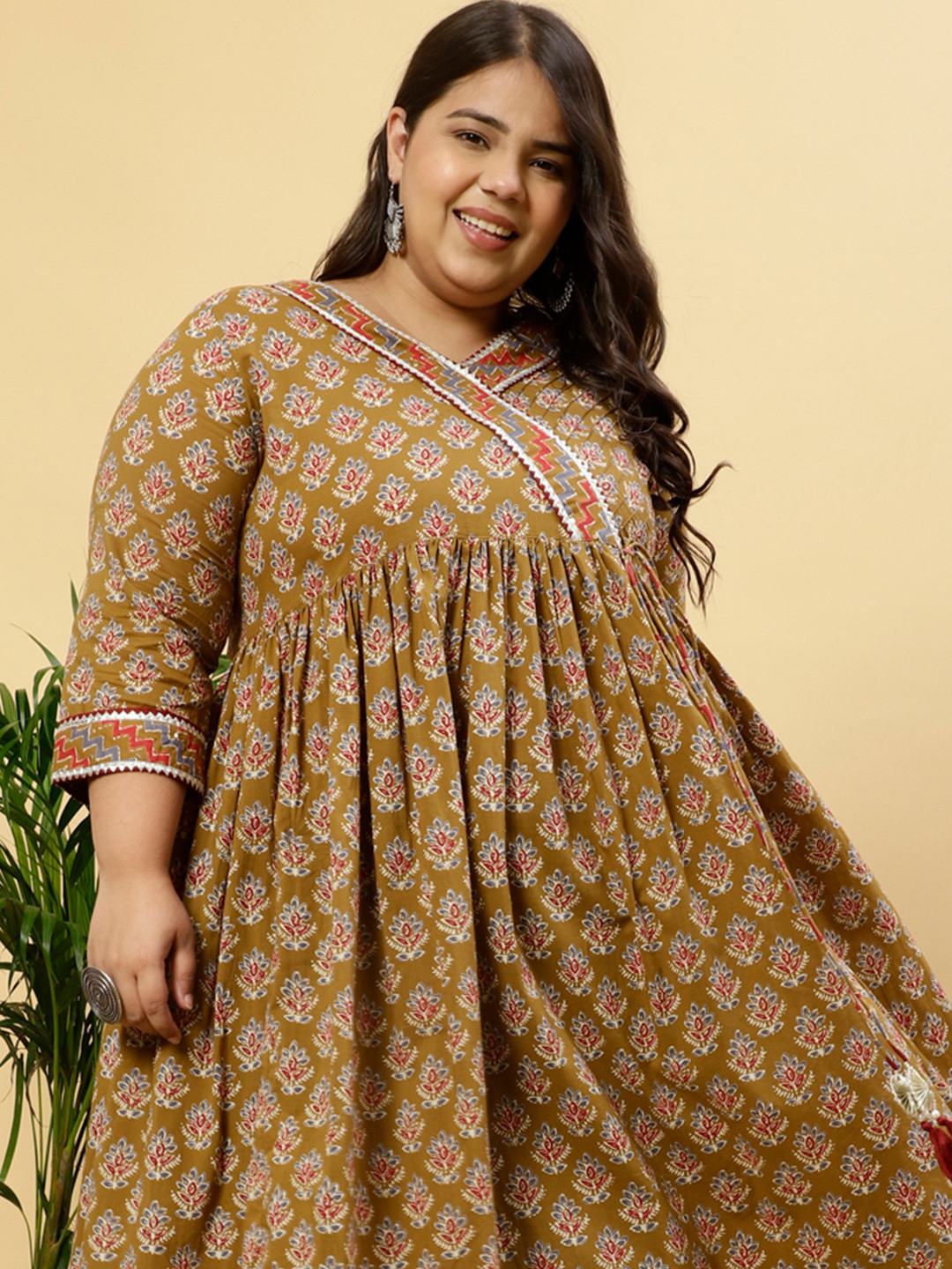 Jaipur Kurti Plus Size Ethnic Motifs Printed Gotta Patti Cotton Anarkali Kurta