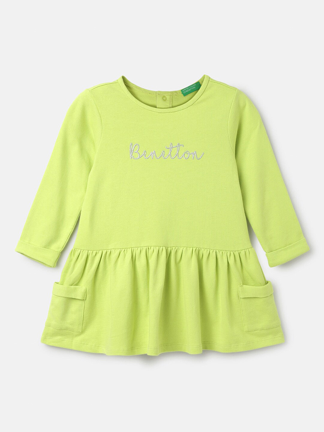 United Colors of Benetton Girls Brand Logo Printed Cotton Drop Waist Dress