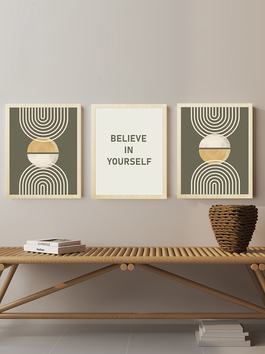 Art Street Beige & Green 3 Pieces Boho Motivational Quotes Wall Art