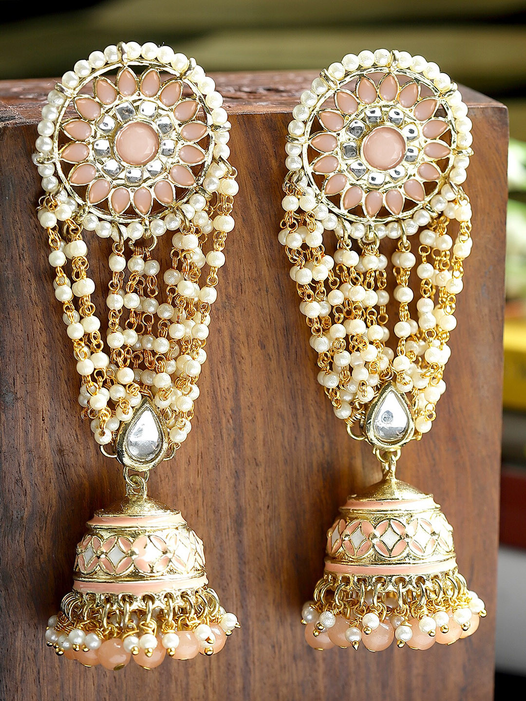 KARATCART Peach Contemporary Jhumkas Gold Plated Kundan Jhumki Earrings