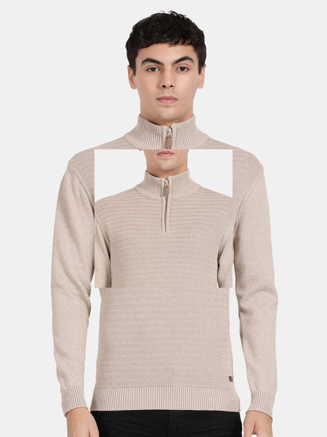 t-base Chevron Self Design Mock Collar Long Sleeves Cotton Pullover Sweaters