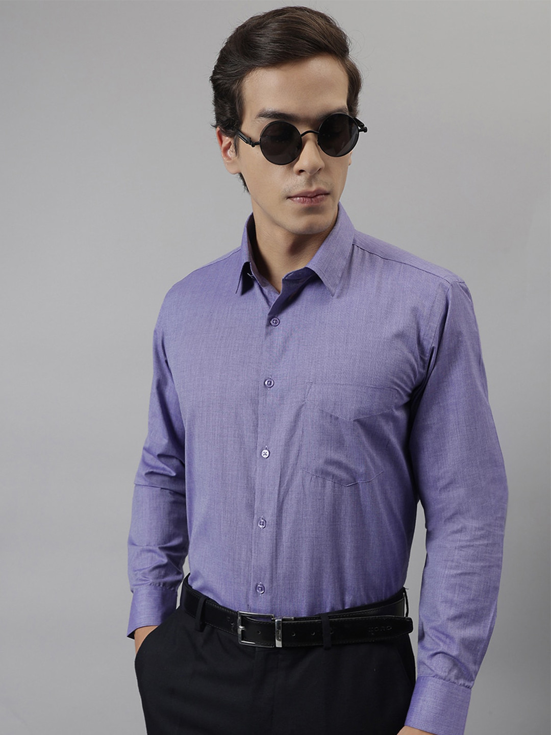 English Navy Standard Slim Fit Chambray Weave Cotton Formal Shirt