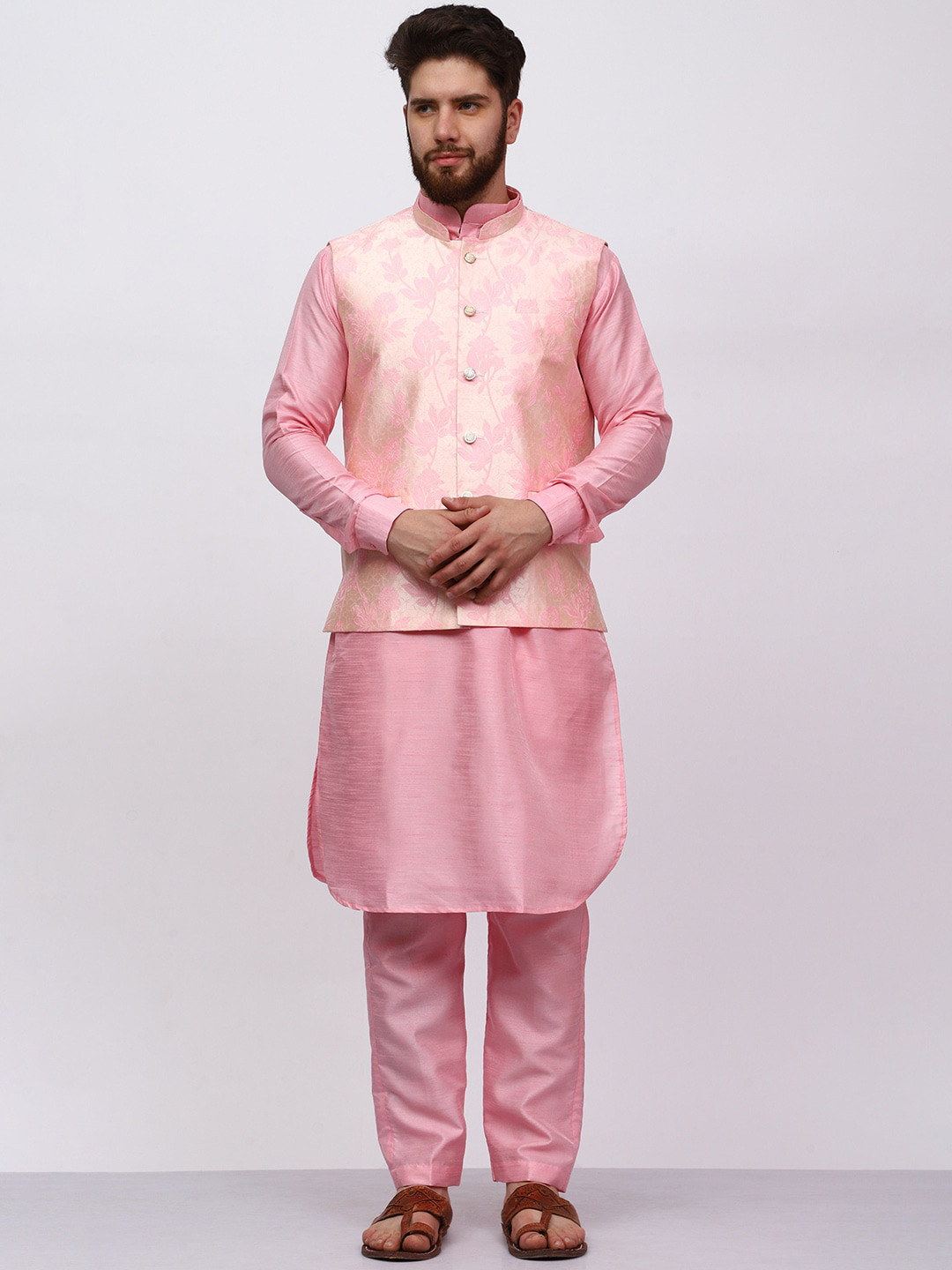 MAG Mandarin Collar Regular Dupion Silk Straight Kurta & Trousers With Nehru jacket