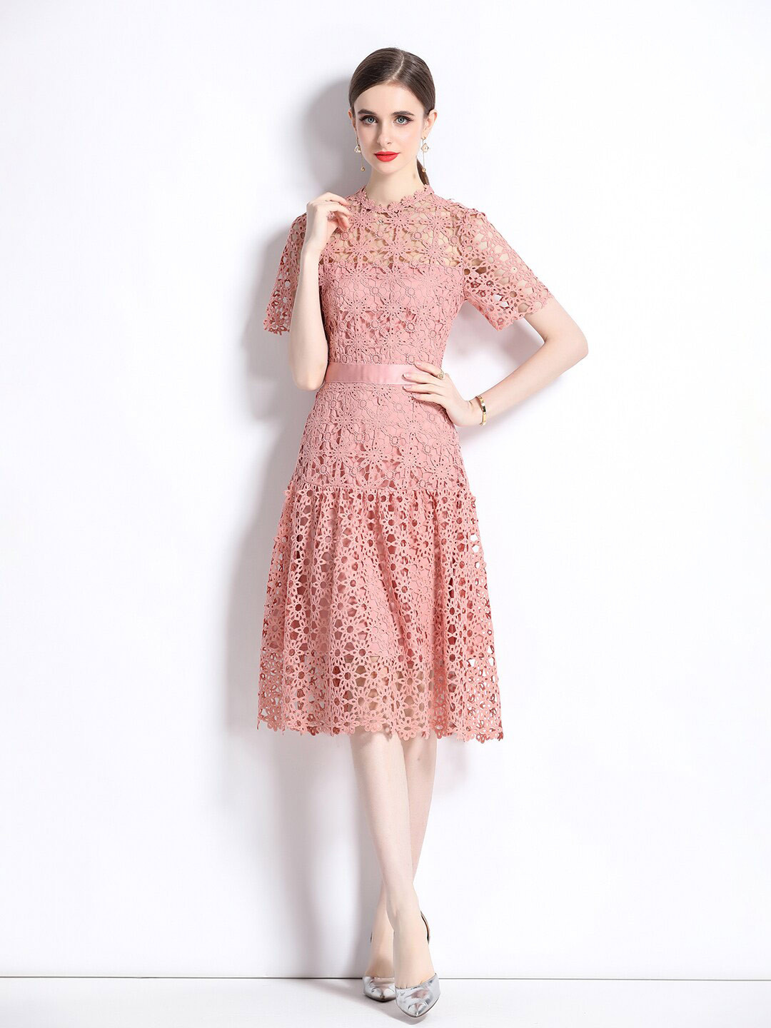 JC Collection Self Design Round Neck Short Sleeves Schiffli Cut-Out Fit & Flare Dress