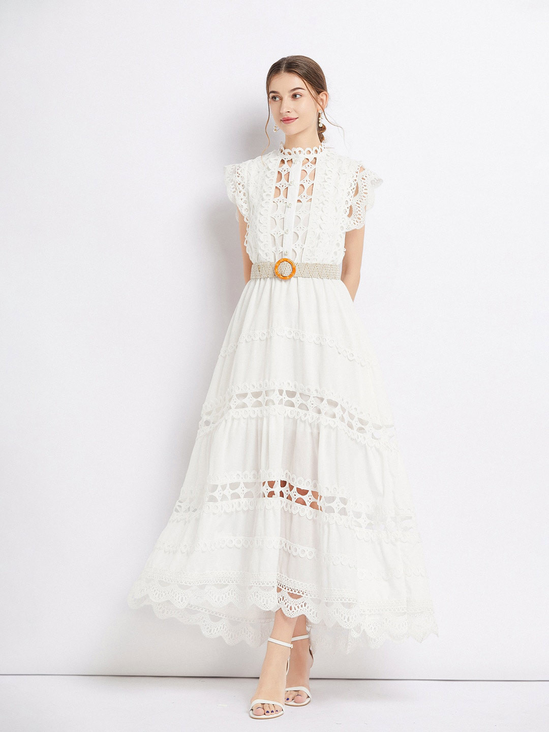 JC Collection Self Design High Neck Cap Sleeves Schiffli Cut-Out Lace Inserts Maxi Dress