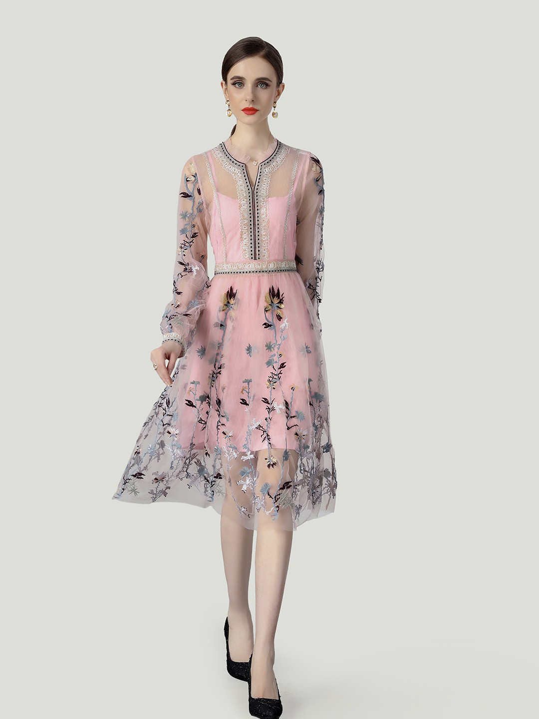 JC Collection Floral Printed Lace Inserted Puff Sleeves Sheer A-Line Dress