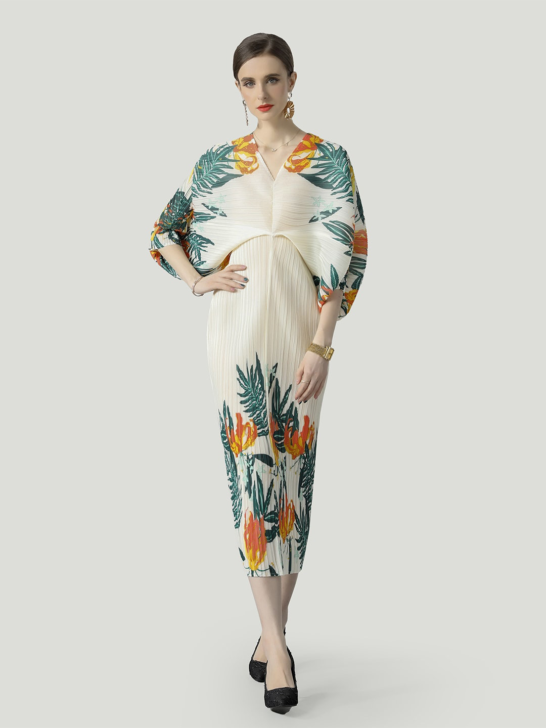 JC Collection Floral Printed Kimono Sleeves V-Neck Maxi Sheath Dress