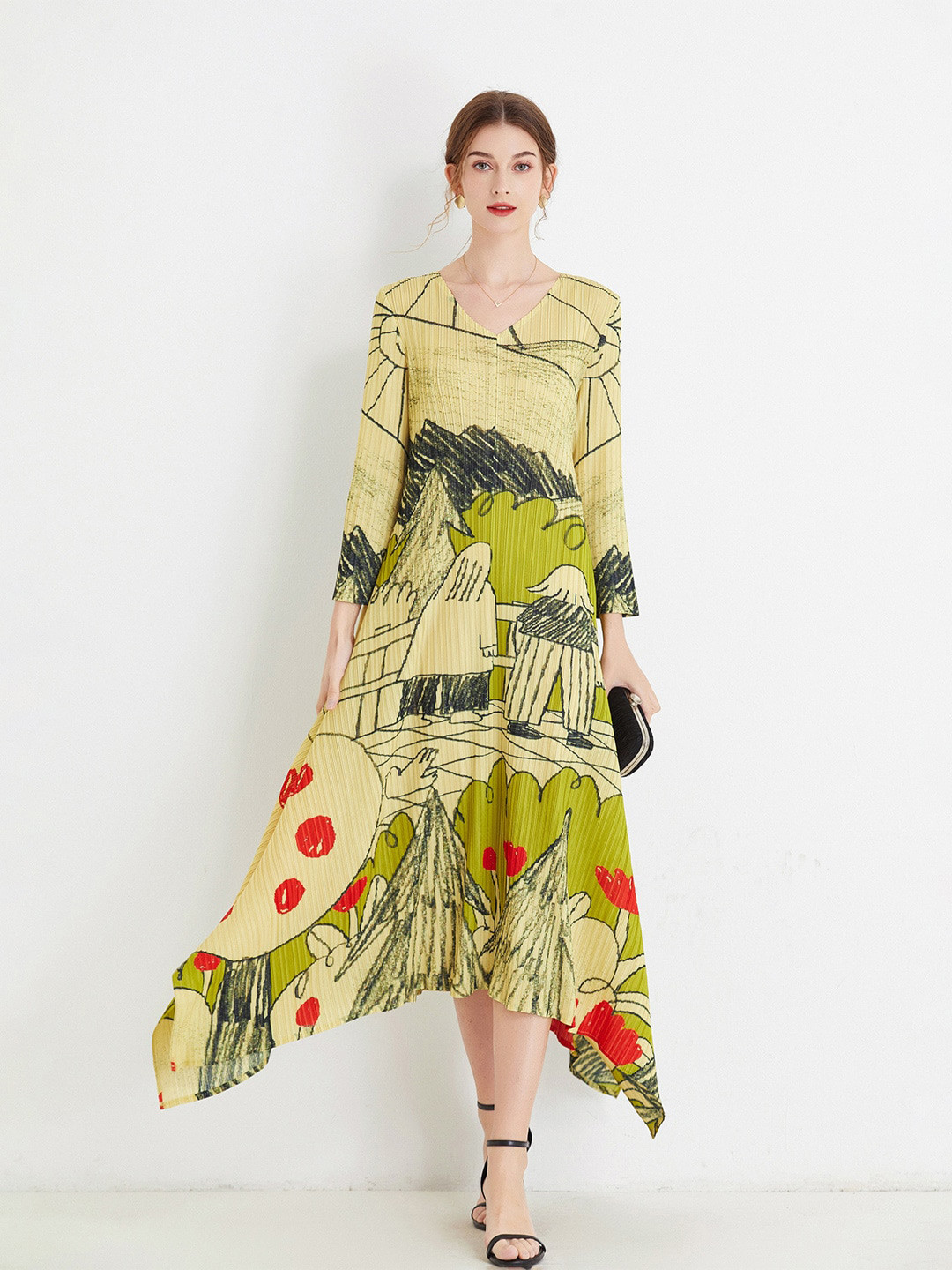 JC Collection Conversational Printed V-Neck Dipped A-Line Midi Dress