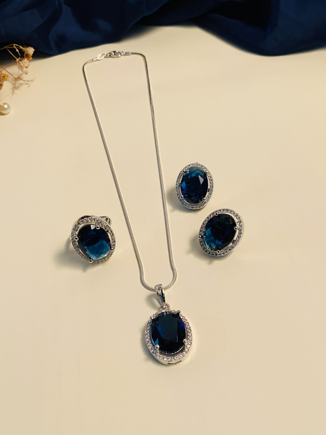 ABDESIGNS Silver-Plated American Diamond Jewellery Set