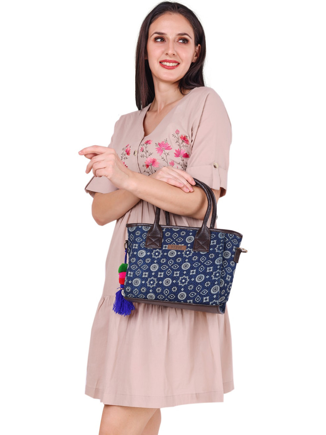 NEPRI Navy Geometric Printed Structured Handheld Bag