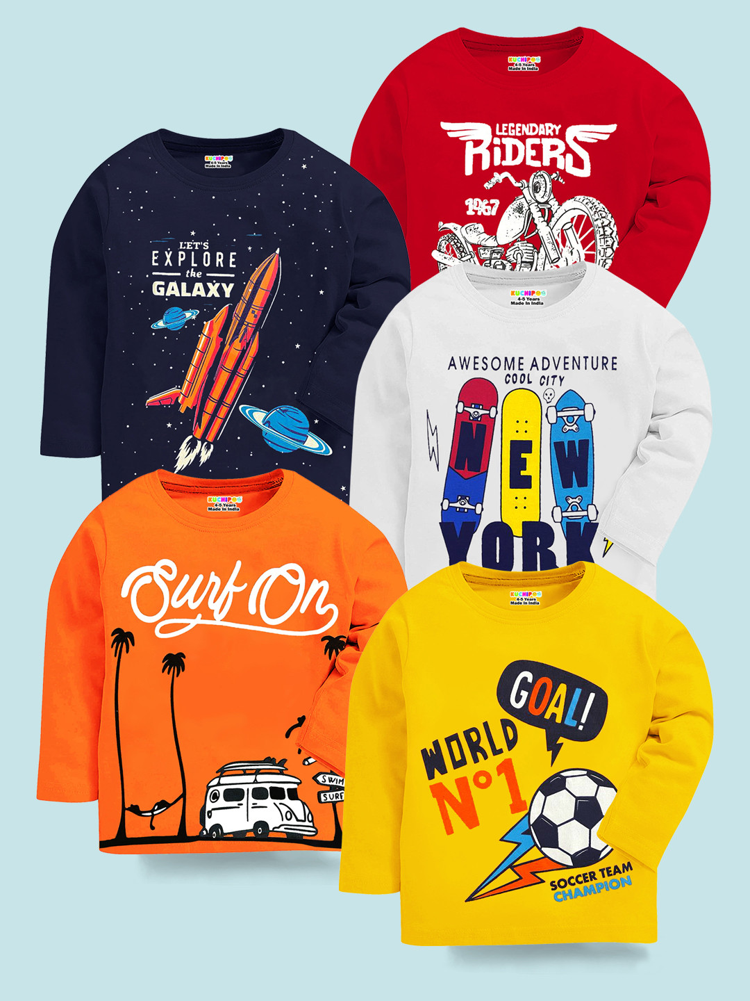 KUCHIPOO Kids Pack Of 5 Graphic Printed T-shirts