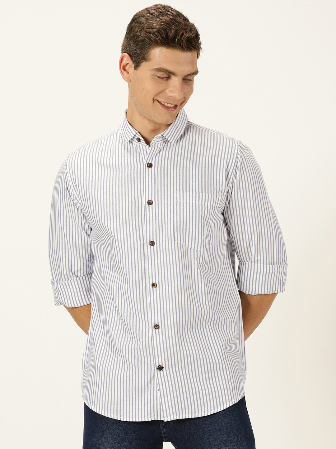 Mast & Harbour White Classic Slim Fit Striped Oxford Cotton Casual Shirt