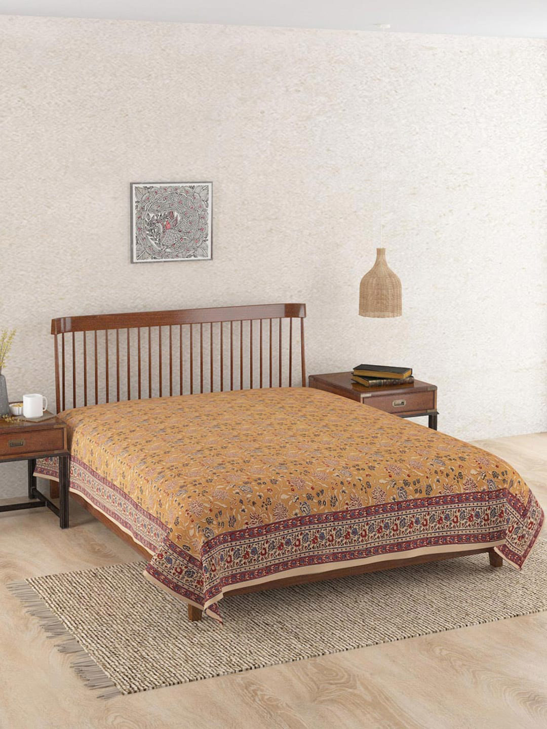 Fabindia Mustard-Yellow & Green Floral-Printed Cotton Double Queen Bed Cover