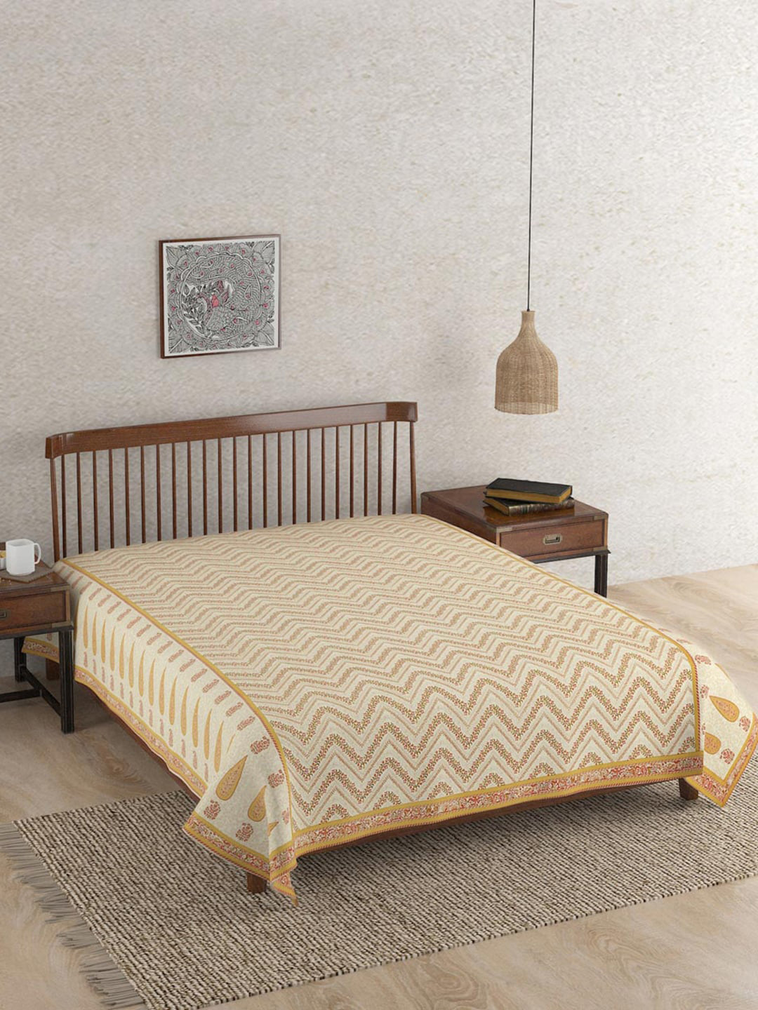 Fabindia Cream-Coloured & Mustard Floral Printed Cotton Bed Cover