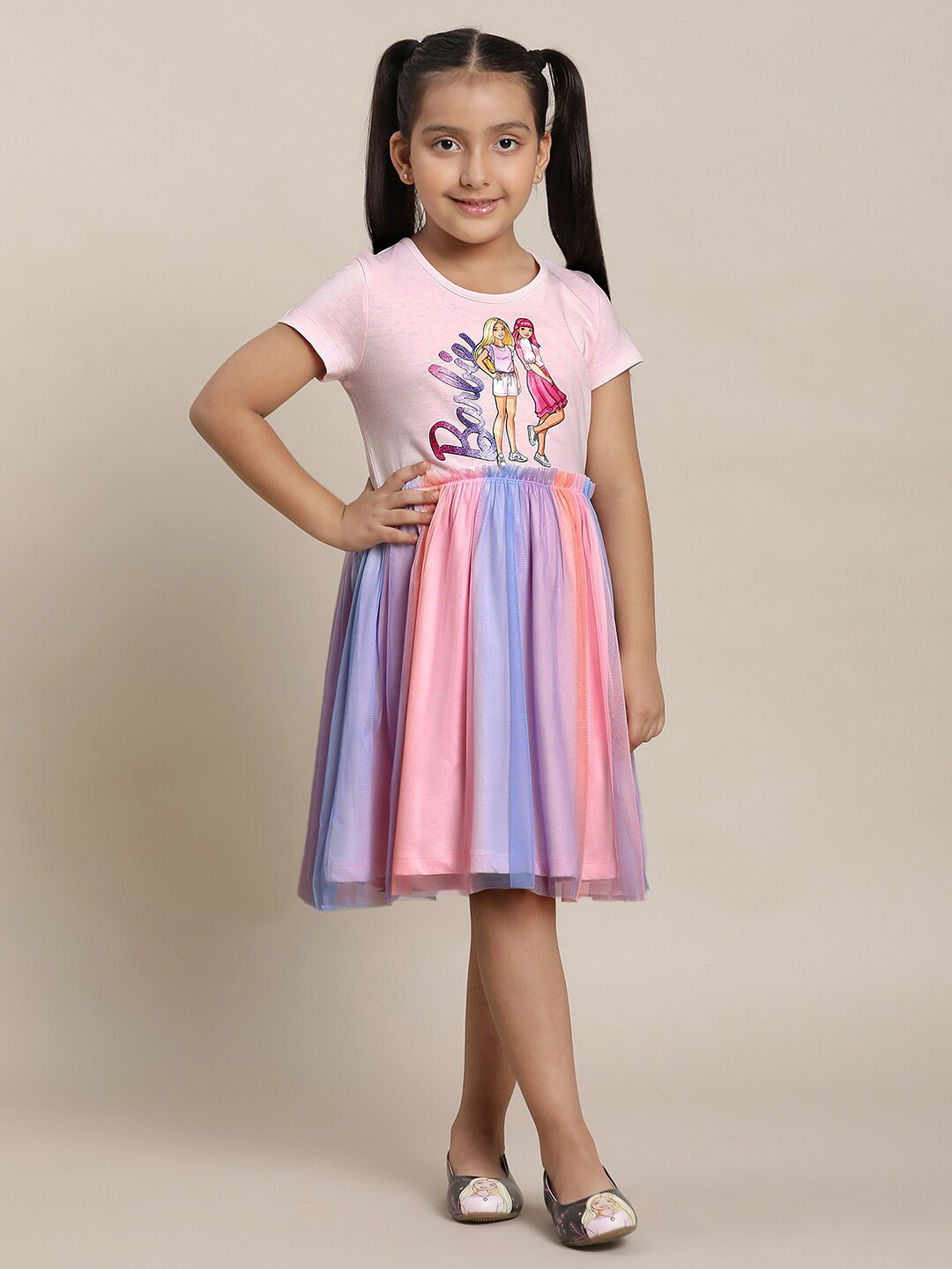 Kids Ville Barbie Girls Printed Pure Cotton Fit & Flare Dress