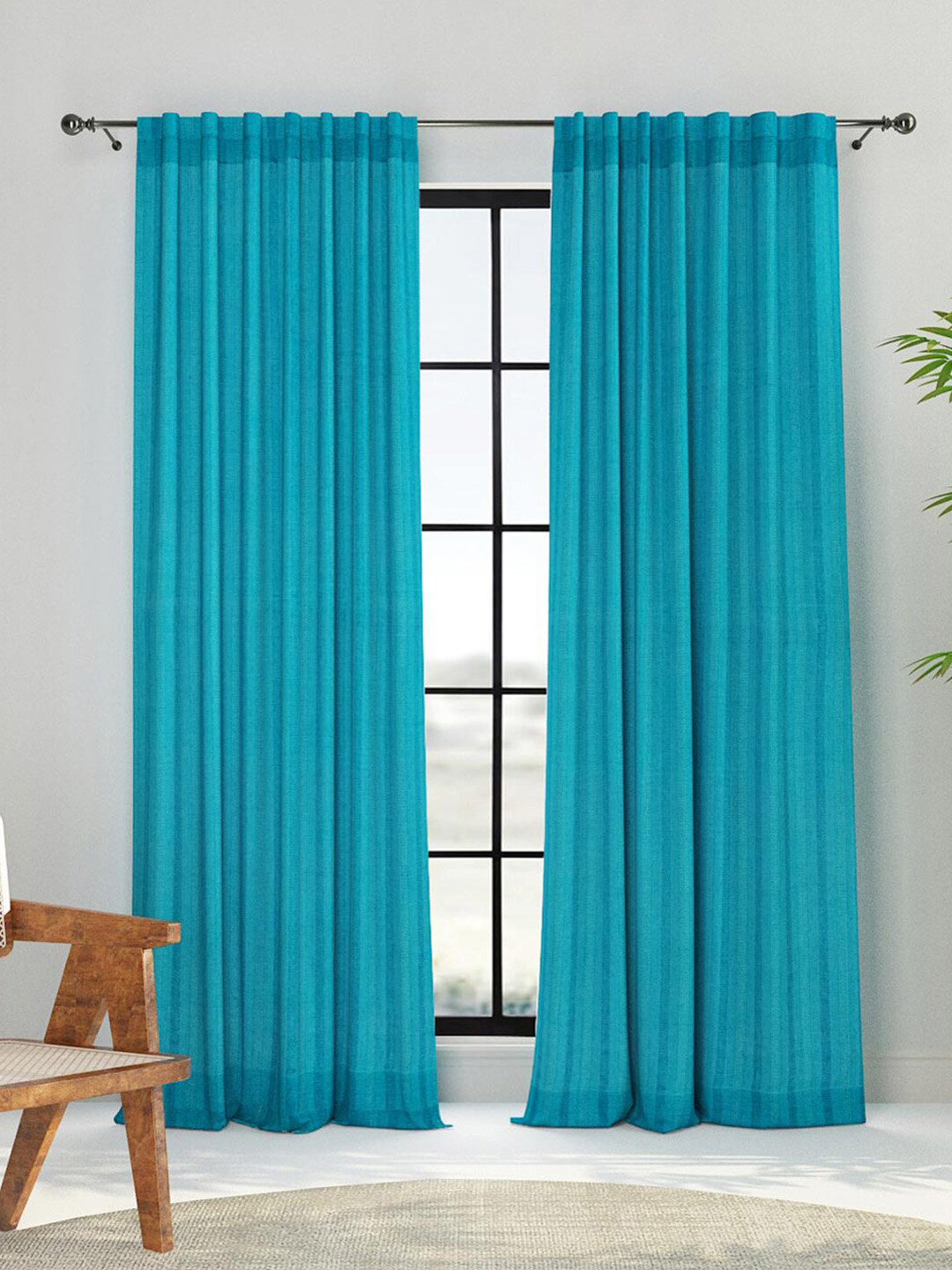 Fabindia Tahib Teal Blue Striped Cotton Window Curtain