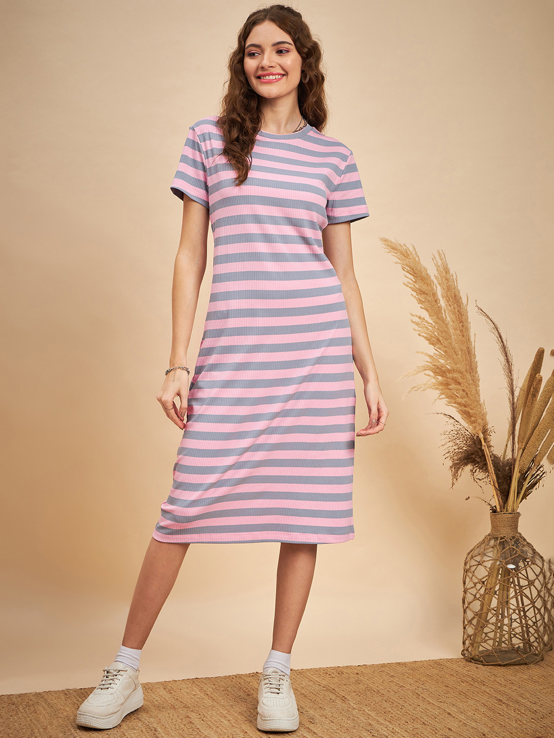 MINT STREET Striped A-Line Midi Dress