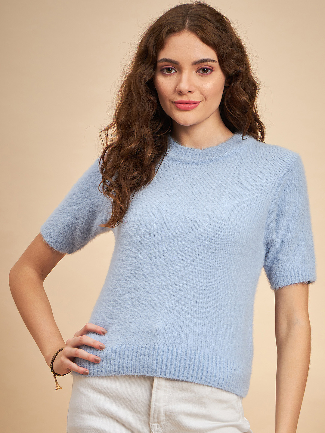 MINT STREET Fuzzy Self Design Acrylic Pullover Sweater