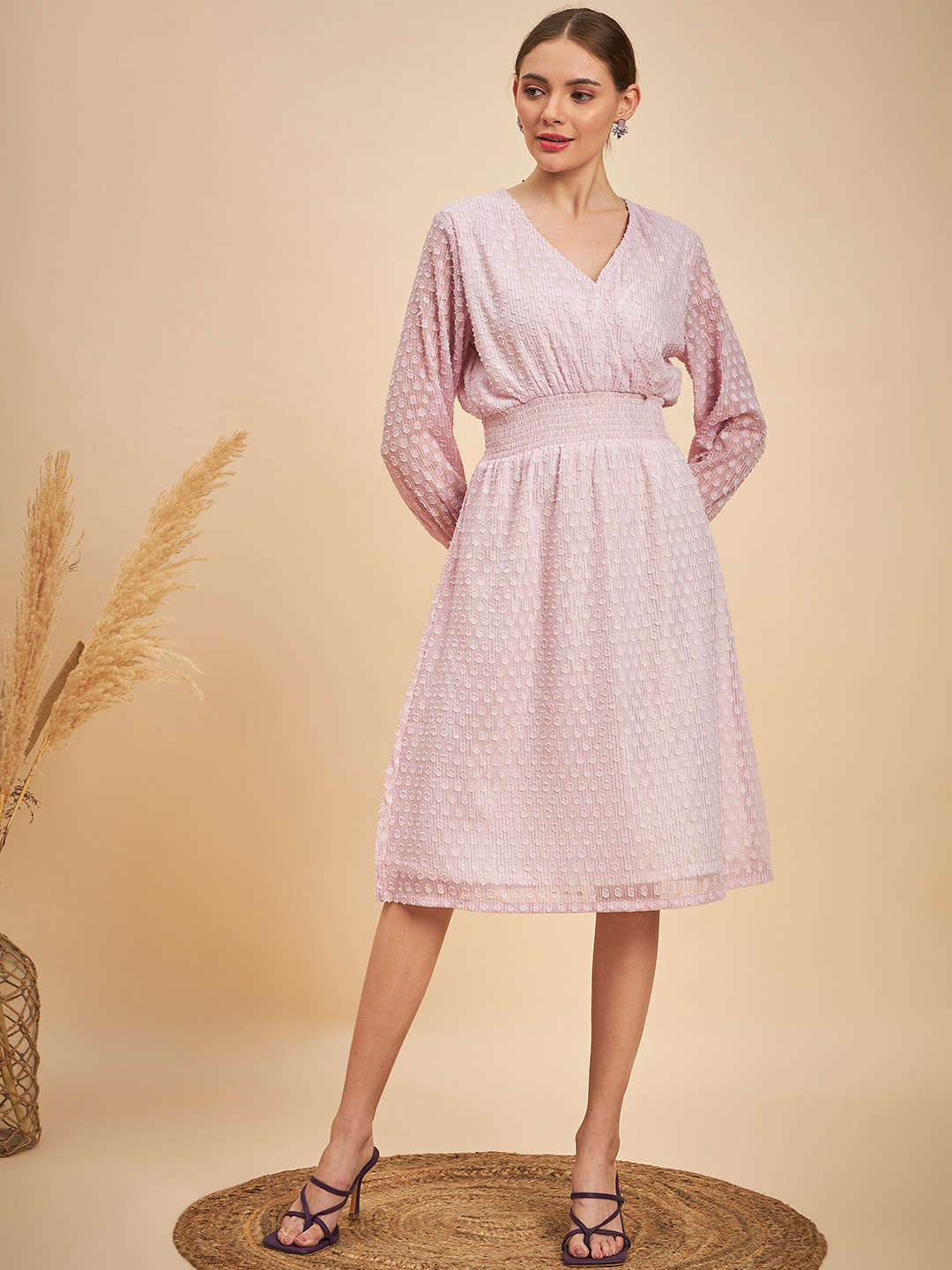 MINT STREET Self Design Smocked Georgette Fit And Flare Dress