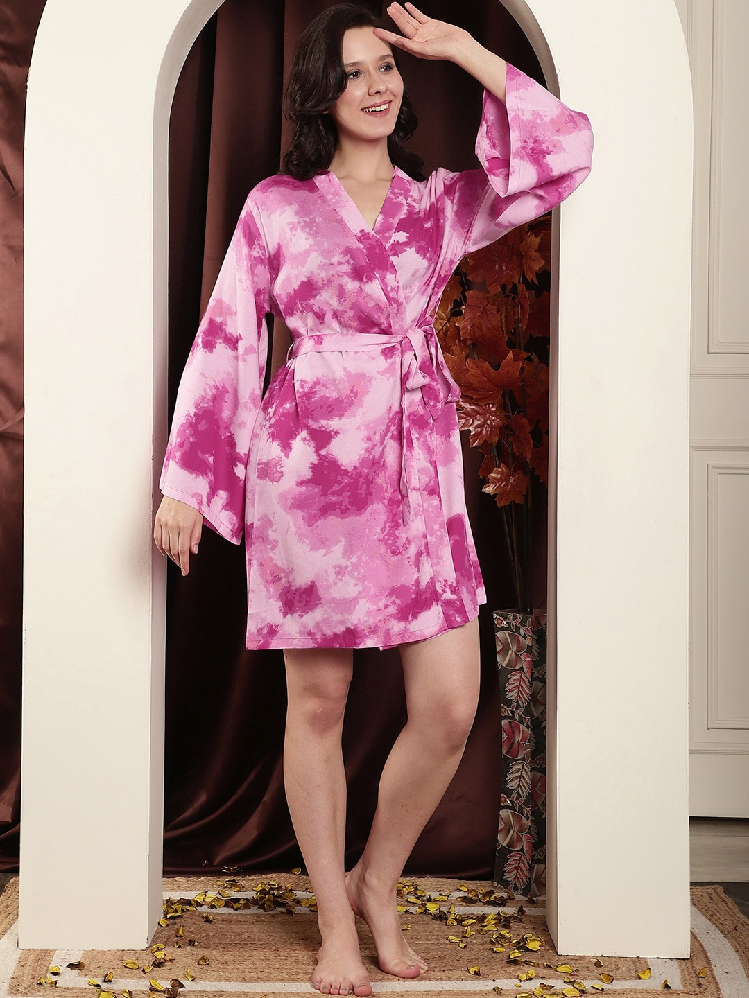 Claura Pink Abstract Printed Robe