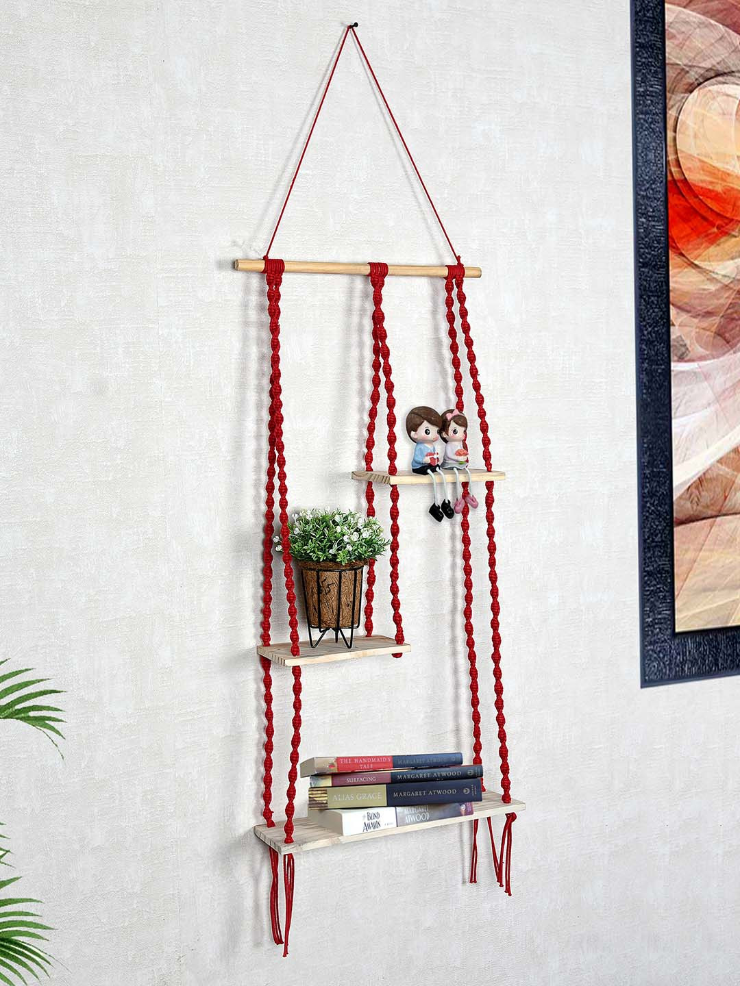 Homesake Red Macrame Hanging Wall Shelf With Attached 3-Tier Floating Wooden Planks