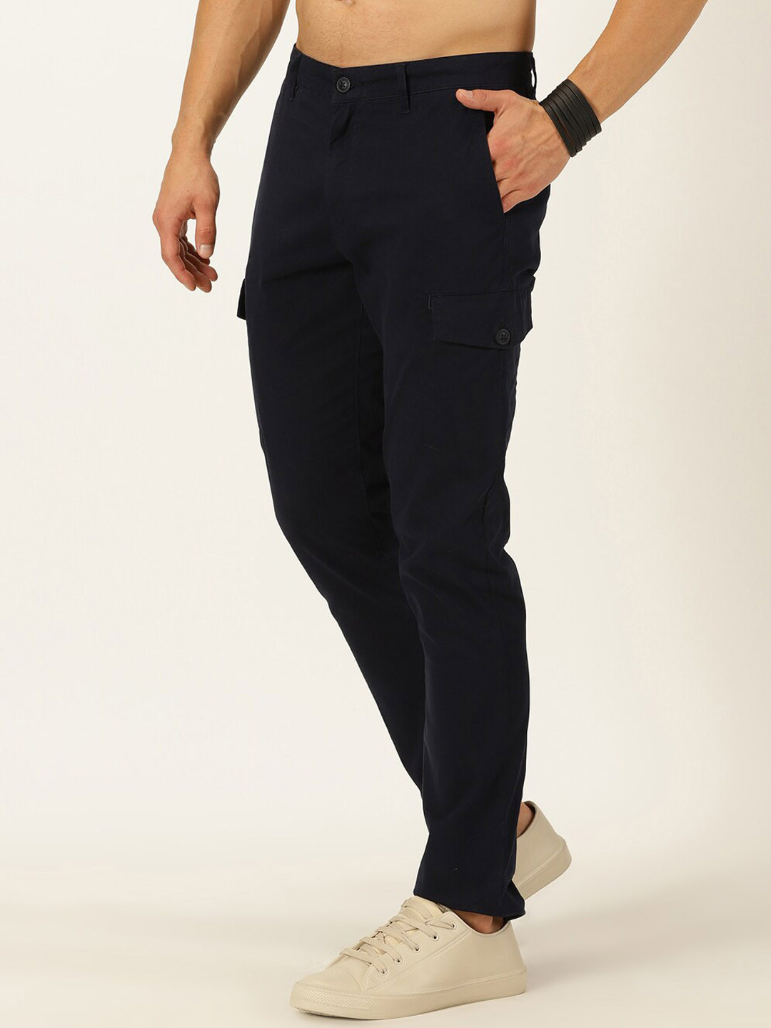 Mast & Harbour Men Navy Blue Smart Easy Wash Cargos Trousers