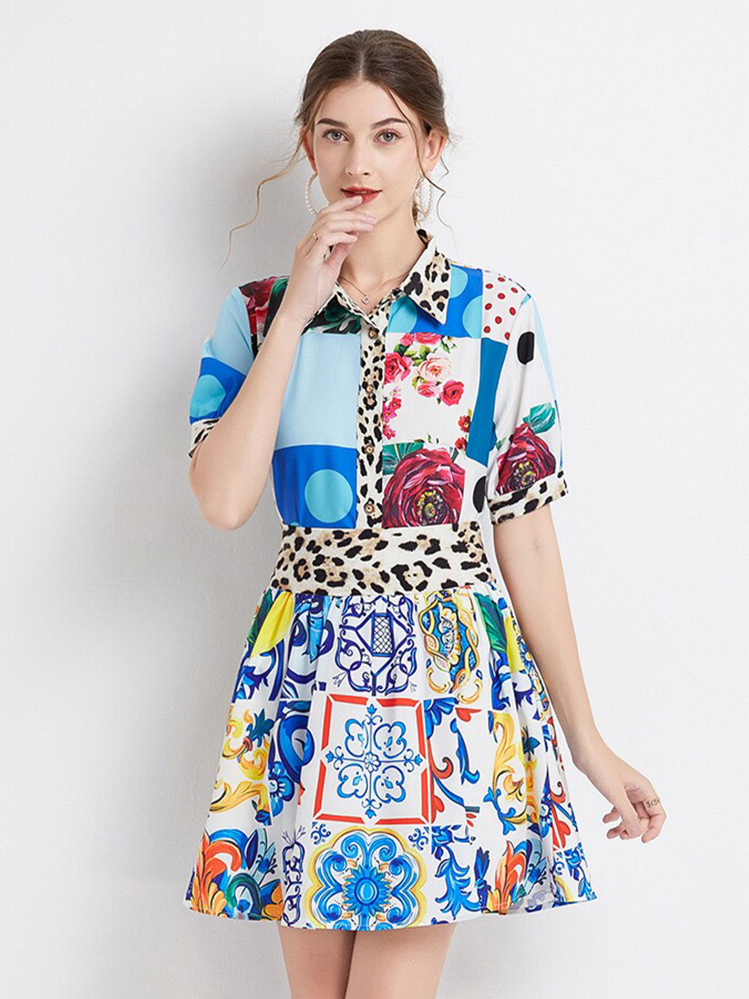 JC Collection Printed Shirt & Mini A-line Skirt