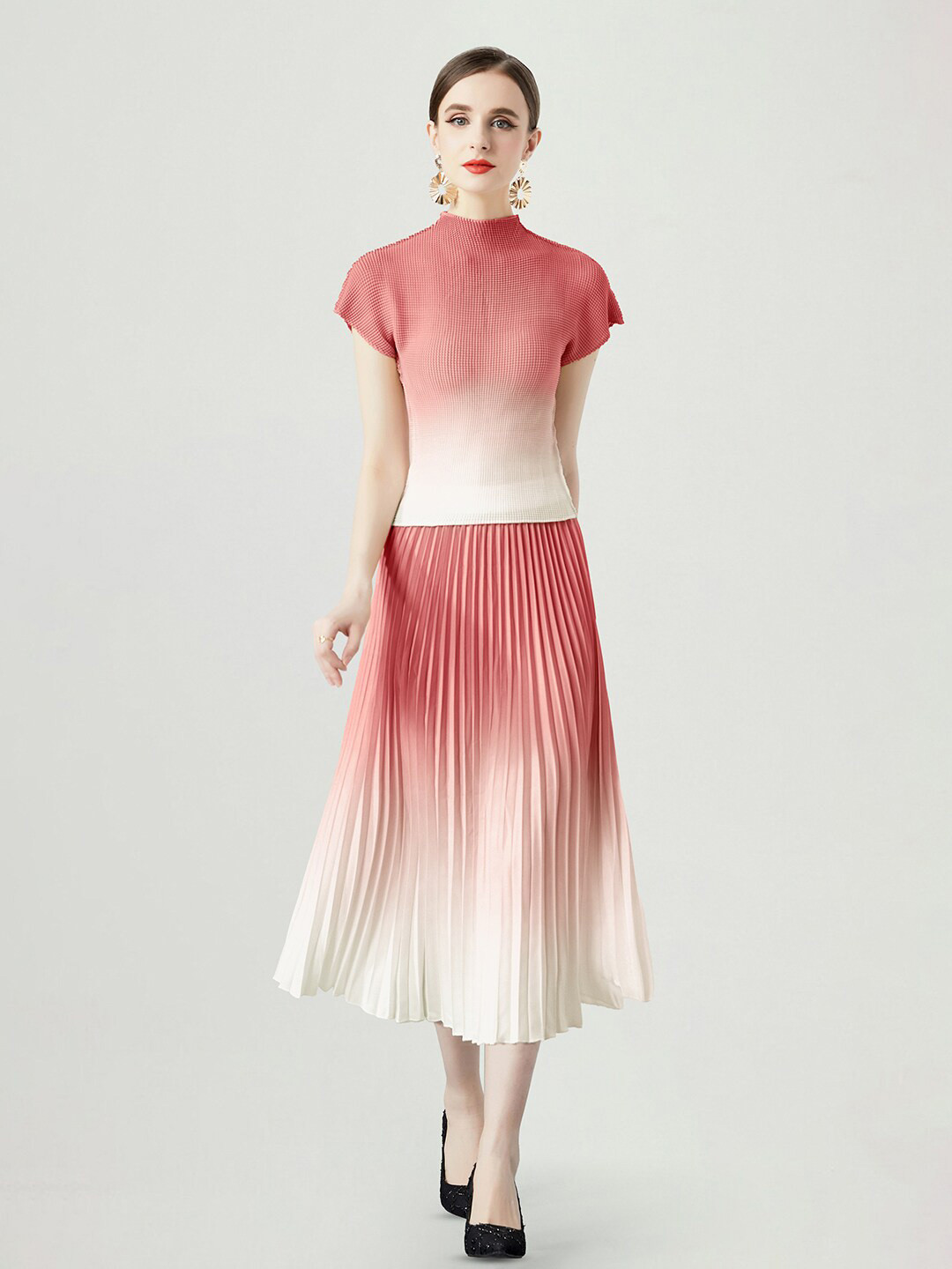 JC Collection Ombre Dyed Top & Midi Accordion Pleated Skirt