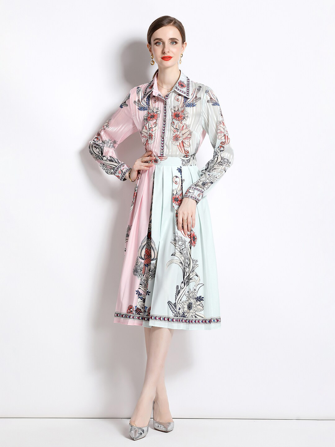 JC Collection Floral Printed Shirt Collar Long Sleeves Shirt & Skirt