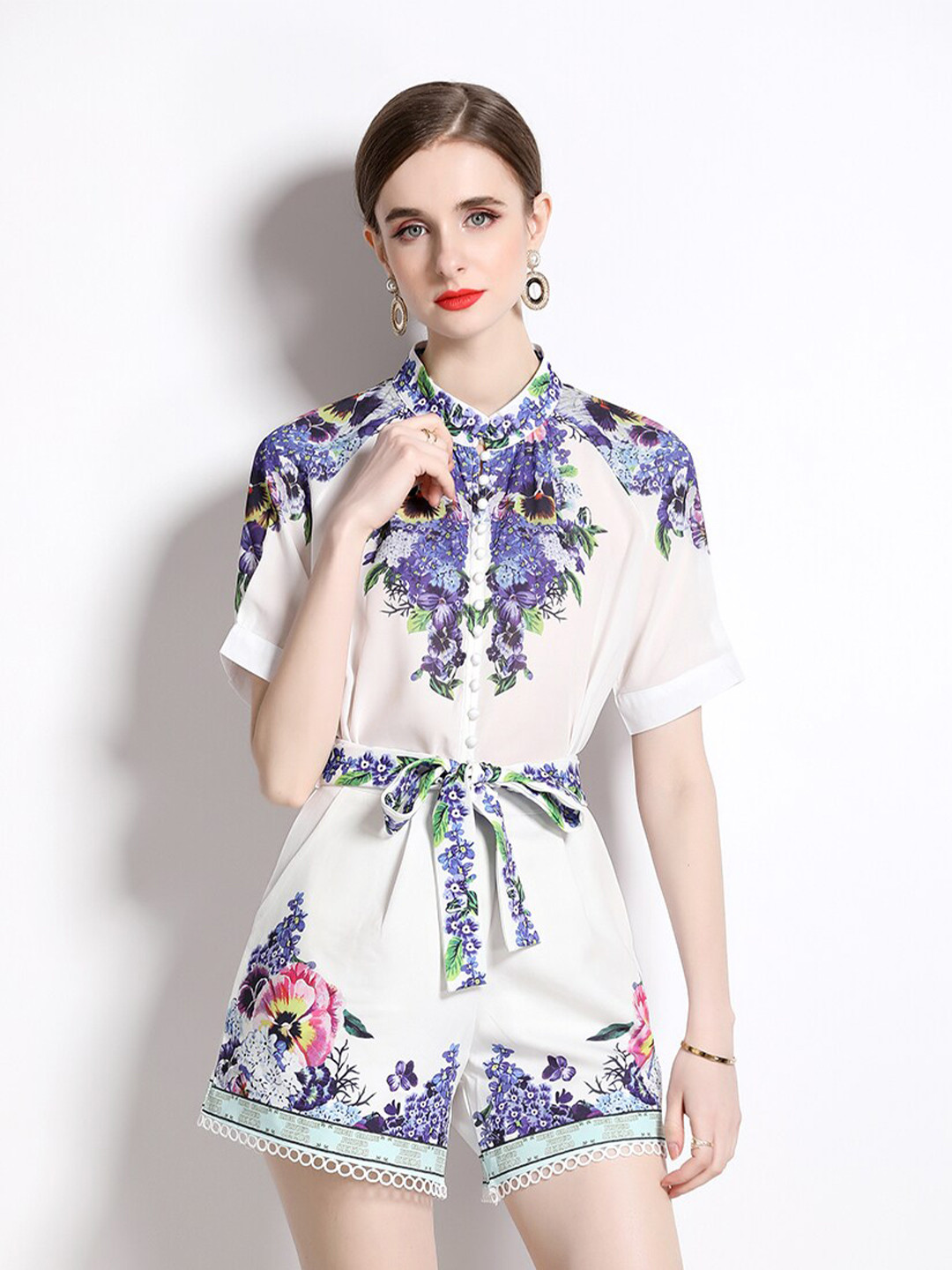 JC Collection Women Floral Print Shirt With Shorts And A Matching Belt