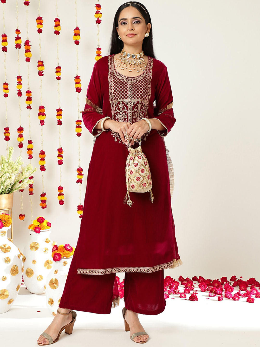 Varanga Women Ethnic Motifs Yoke Design Zari Work Velvet Kurta & Trousers With Dupatta