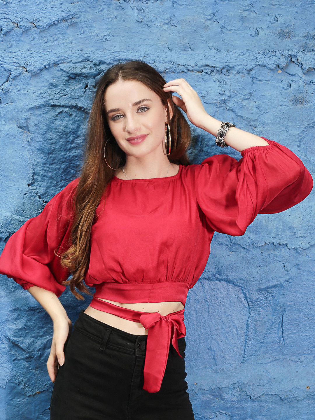 Sera Red Puff Sleeve Waist Tie-Ups Detail Top