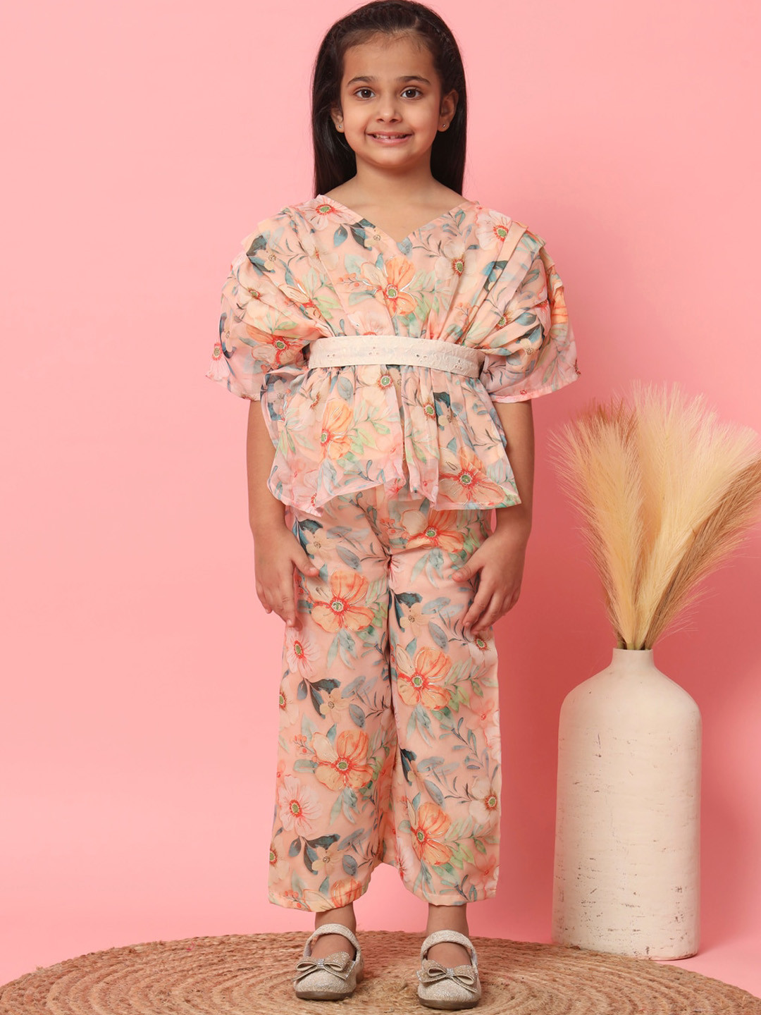 Readiprint Girls Floral Printed Pleated Top with Trousers