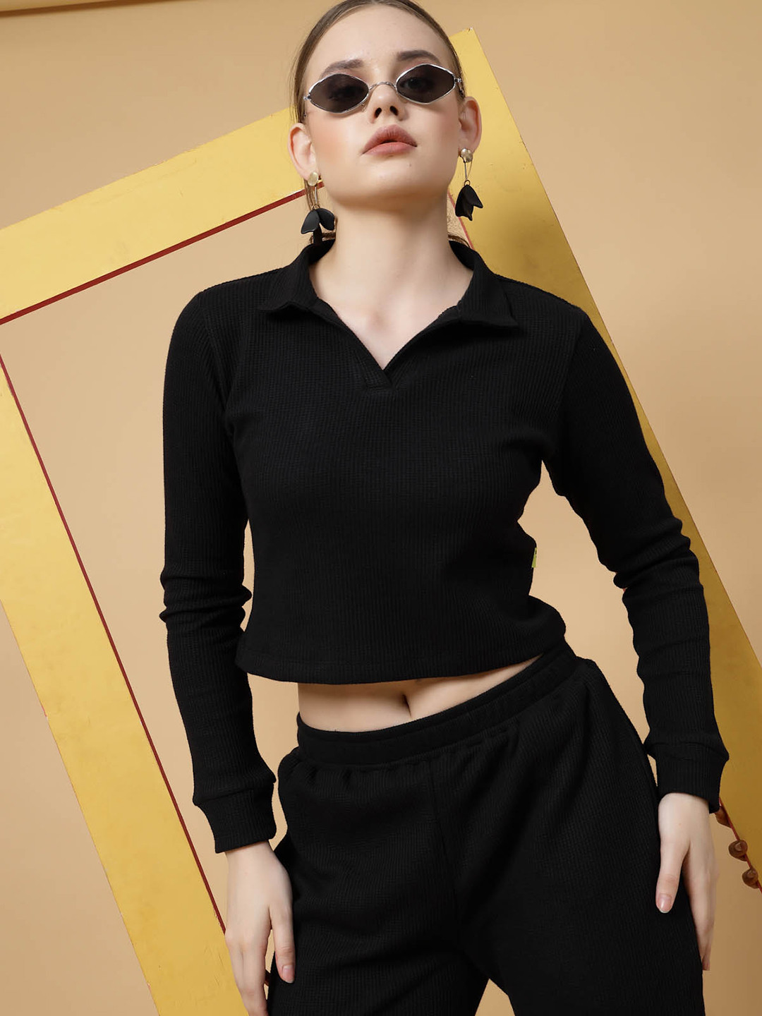 Rigo Shirt Collar Crop T-Shirt with Trousers Co-Ord Set