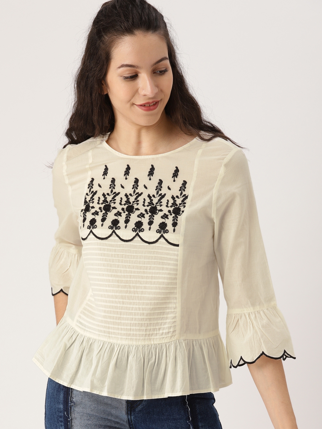 DressBerry Women Off White Embroidered Pure Cotton Top