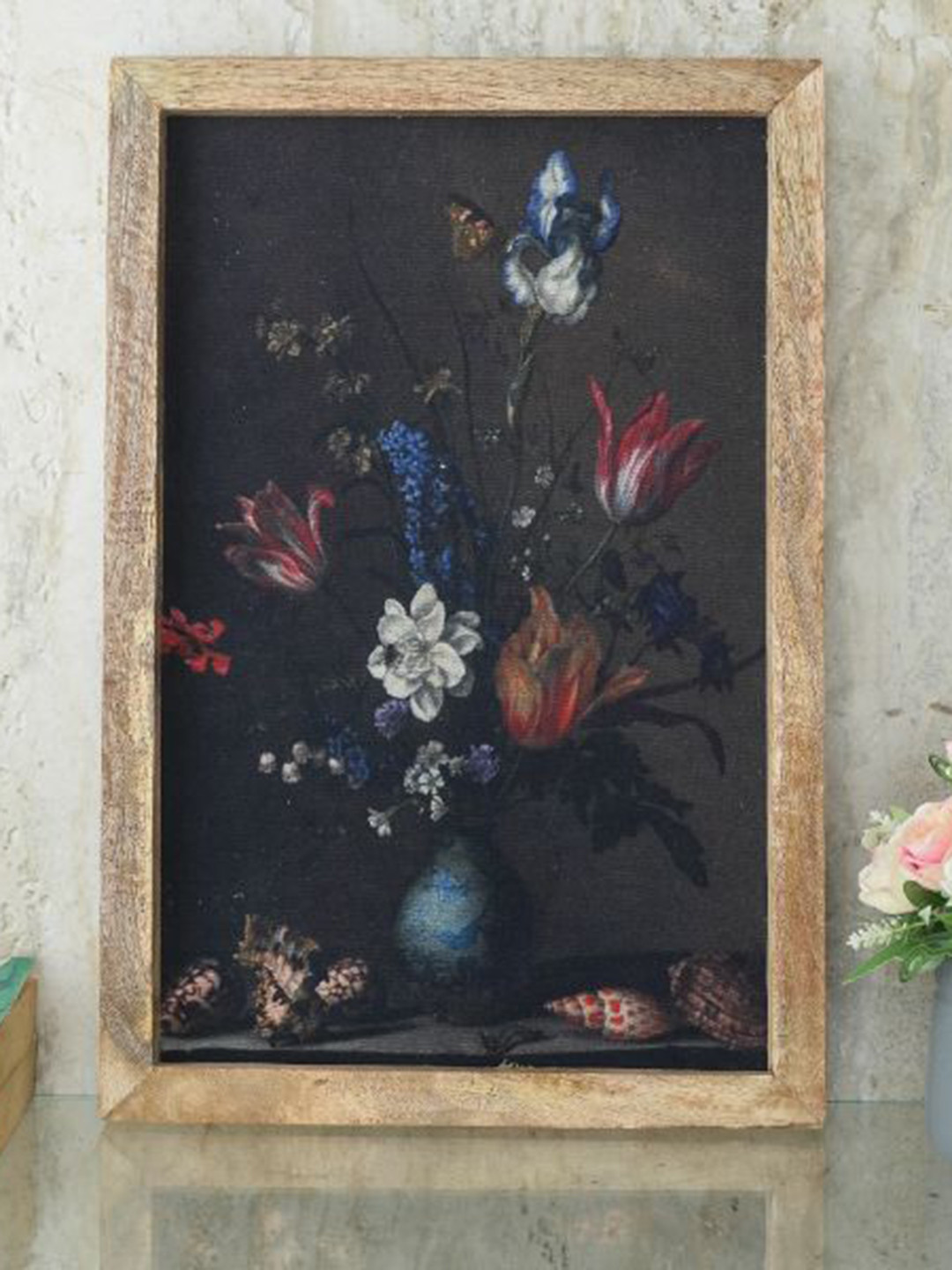 The Decor Mart Black & Maroon Retro Floral Canvas Painting Framed Wall Art