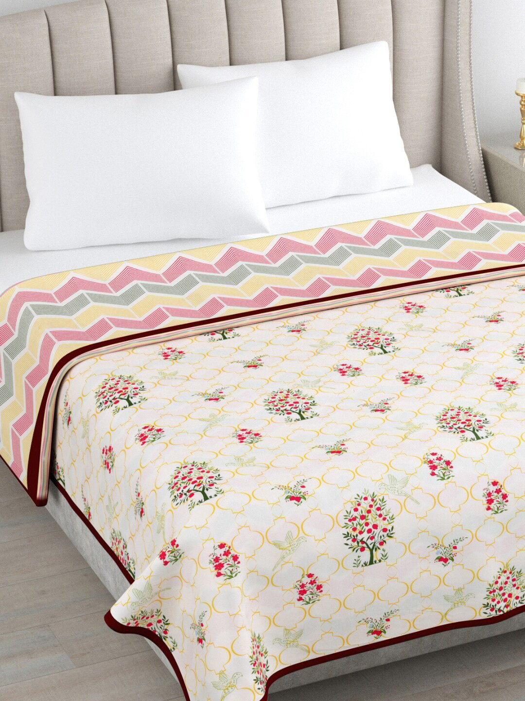 haus & kinder Yellow & Red Floral Pure Cotton AC Room 300 GSM Reversible Double Bed Dohar