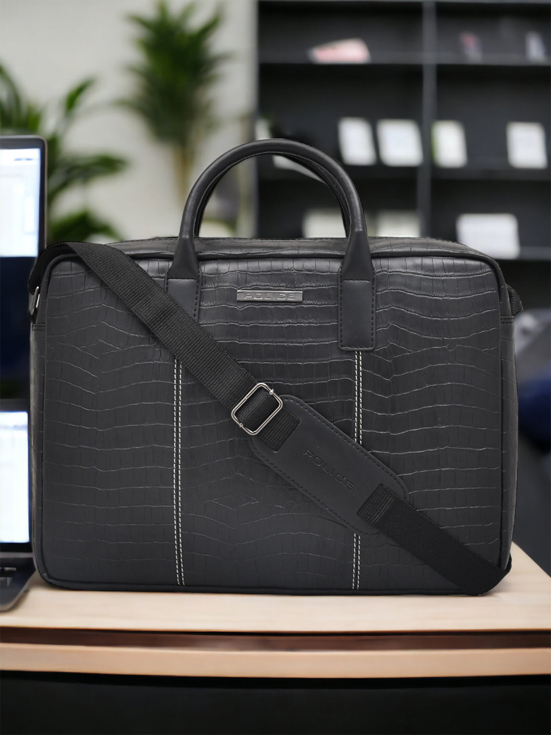 Police Men Black Checked Messenger Bag