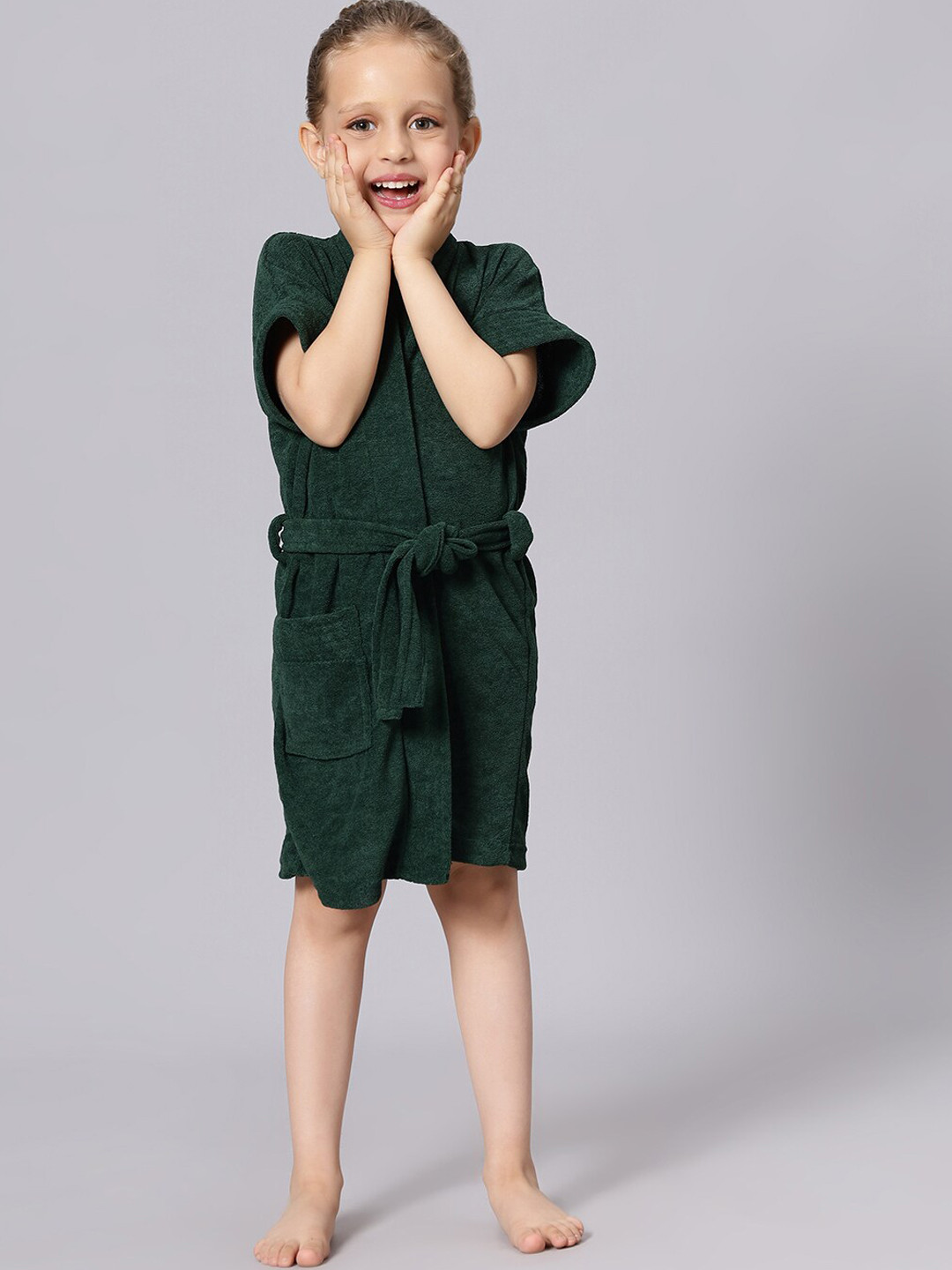 LacyLook Green Solid Terrycloth Drawstring Knee Length Bath Robe-M