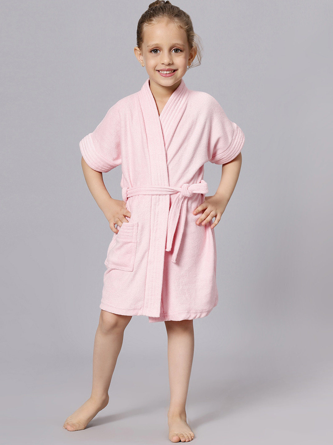 LacyLook Pink Solid Terrycloth Drawstring Knee Length Bath Robe-M