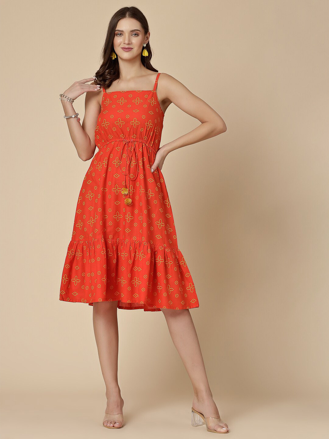 Routes by All About You Polka Dot Printed Shoulder Strap Neck Flounce Hem A-Line Dress