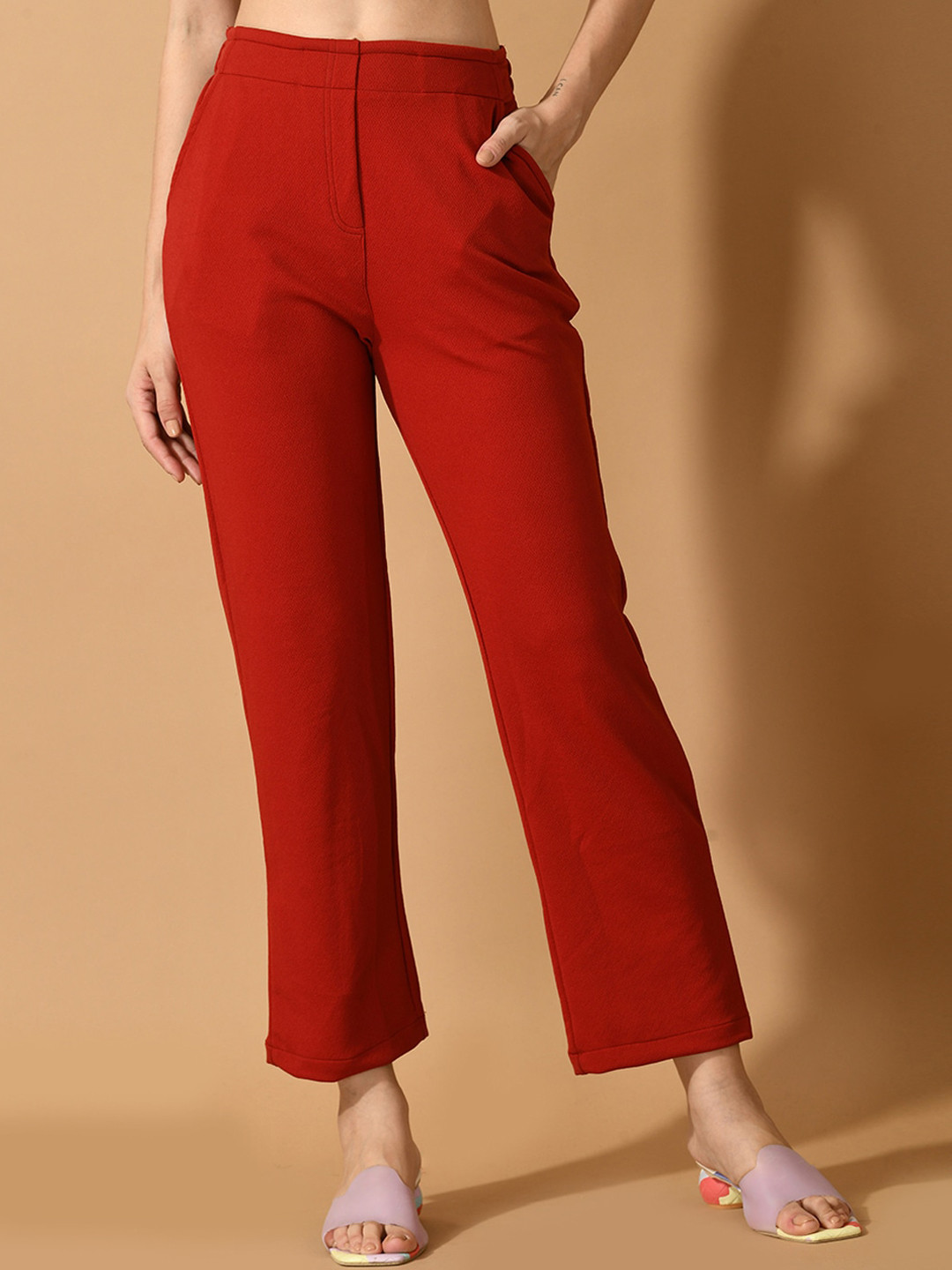DressBerry Women Red Comfort Straight Fit Lycra Wrinkle Free Parallel Trouser