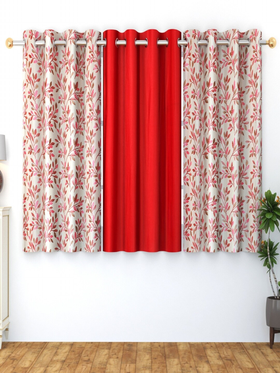 Homefab India Ferncombo Maroon & White 2 Pieces Floral Window Curtains