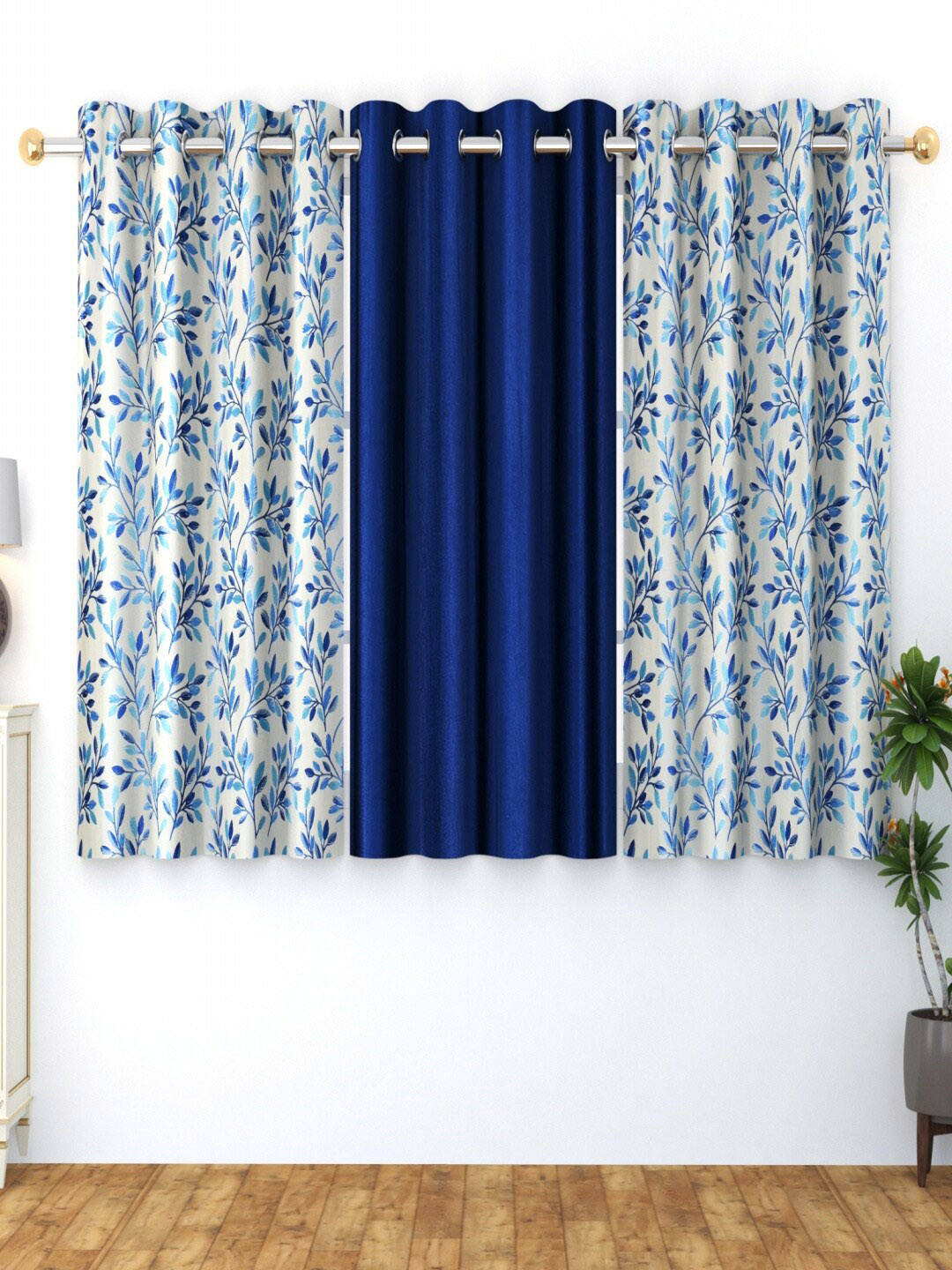 Homefab India Ferncombo Navy Blue & White 3 Pieces Floral Window Curtains