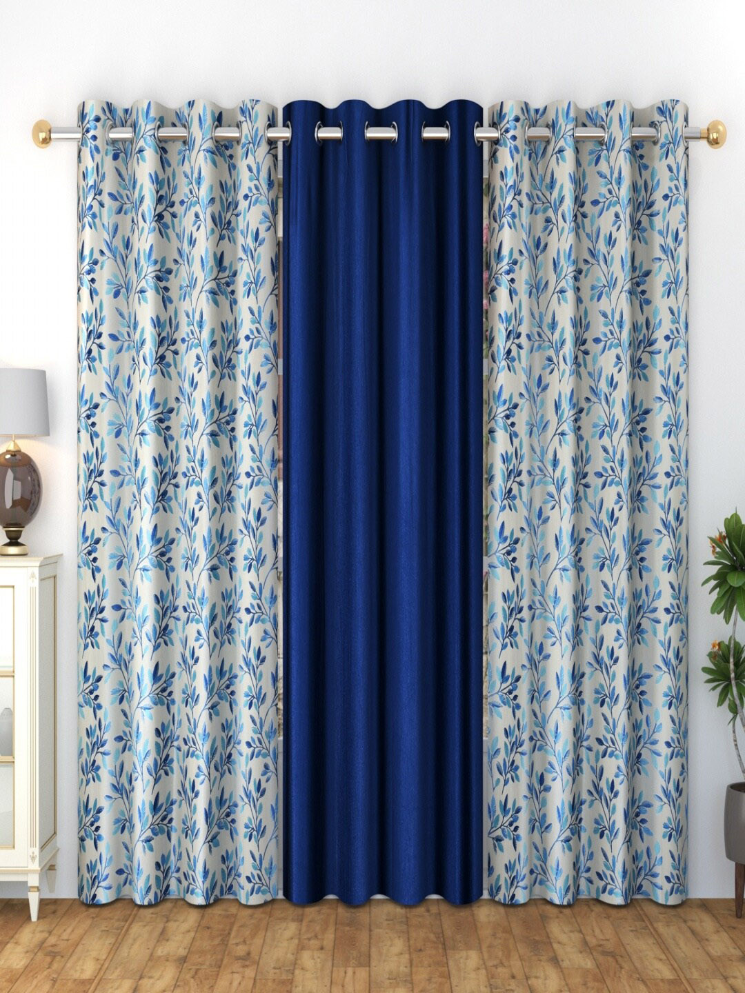 Homefab India Ferncombo Navy Blue & Cream-Coloured 3 Pieces Floral Long Door Curtains